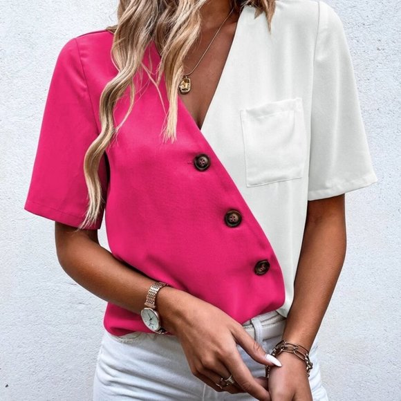 Colorblock Button detail Patched Pocket Blouse - Picture 4 of 6